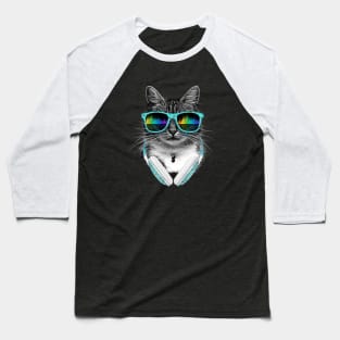 Cute cool cat Wearing Headphones and Sunglasses Baseball T-Shirt